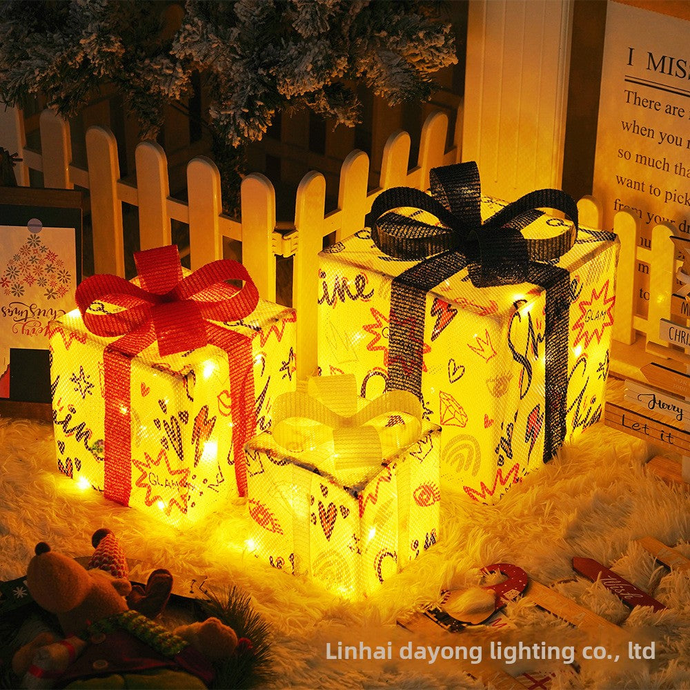 Cross-Border New Christmas Gift Box Three-Piece Set Foldable Glowing LED Light String Props Gift Box Ornament Decoration Light