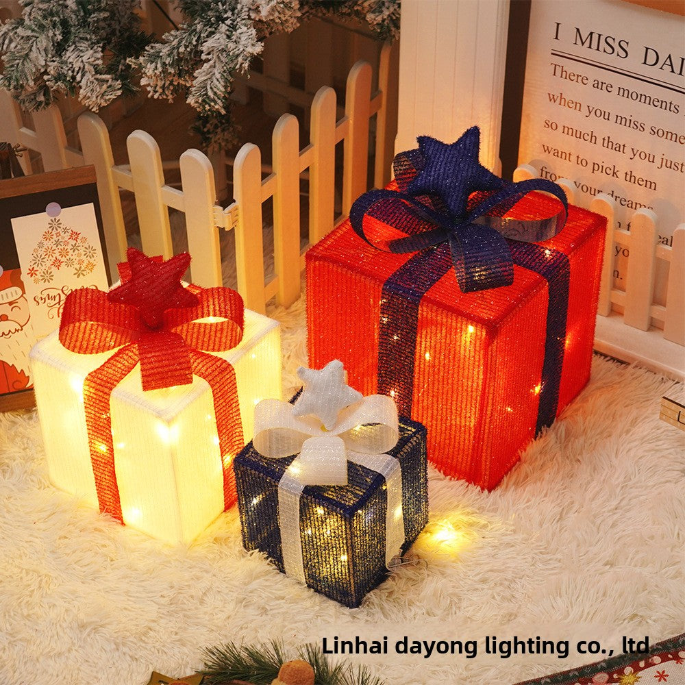 Cross-Border New Christmas Gift Box Three-Piece Set Foldable Glowing LED Light String Props Gift Box Ornament Decoration Light