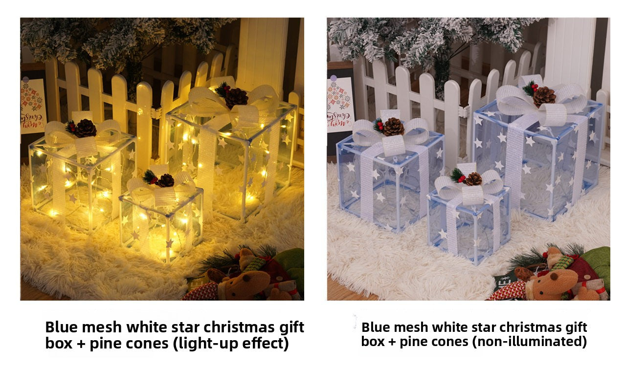 Cross-Border New Christmas Gift Box Three-Piece Set Foldable Glowing LED Light String Props Gift Box Ornament Decoration Light