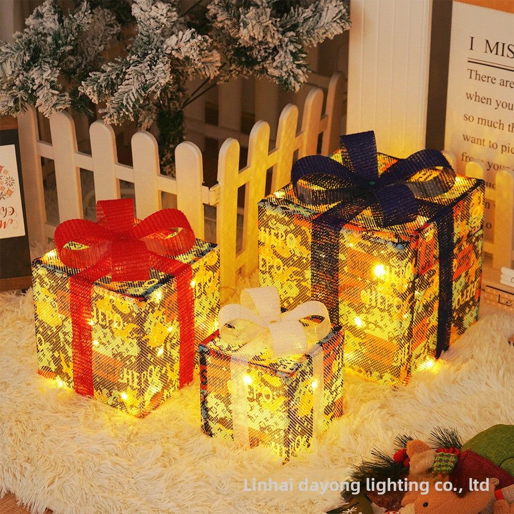 Cross-Border New Christmas Gift Box Three-Piece Set Foldable Glowing LED Light String Props Gift Box Ornament Decoration Light