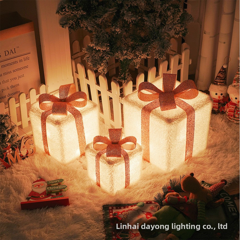Cross-Border New Christmas Gift Box Three-Piece Set Foldable Glowing LED Light String Props Gift Box Ornament Decoration Light