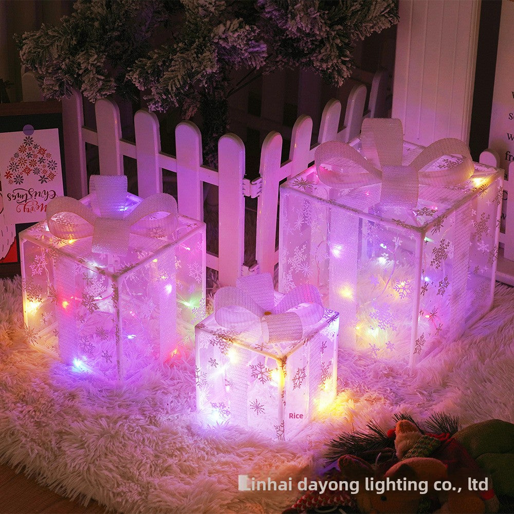 Cross-Border New Christmas Gift Box Three-Piece Set Foldable Glowing LED Light String Props Gift Box Ornament Decoration Light