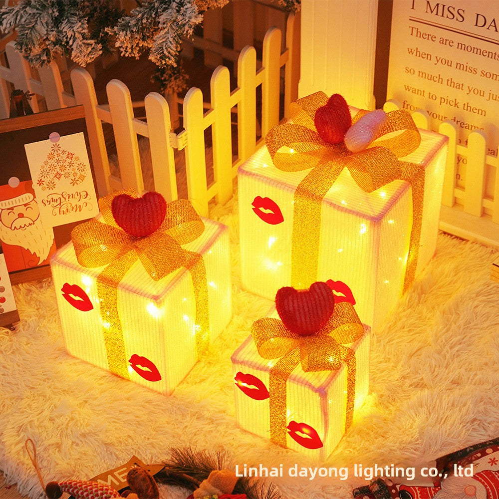 Cross-Border New Christmas Gift Box Three-Piece Set Foldable Glowing LED Light String Props Gift Box Ornament Decoration Light