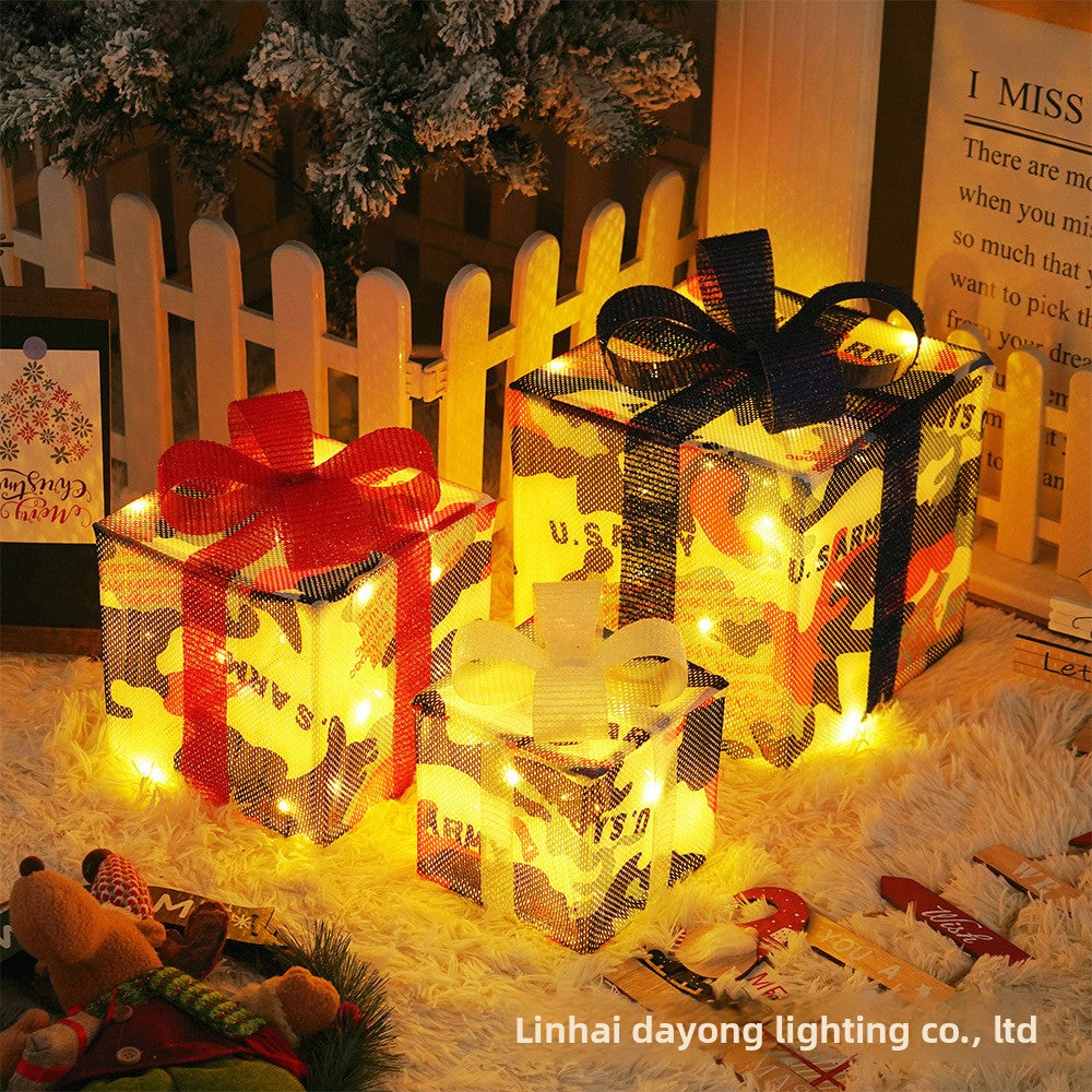 Cross-Border New Christmas Gift Box Three-Piece Set Foldable Glowing LED Light String Props Gift Box Ornament Decoration Light