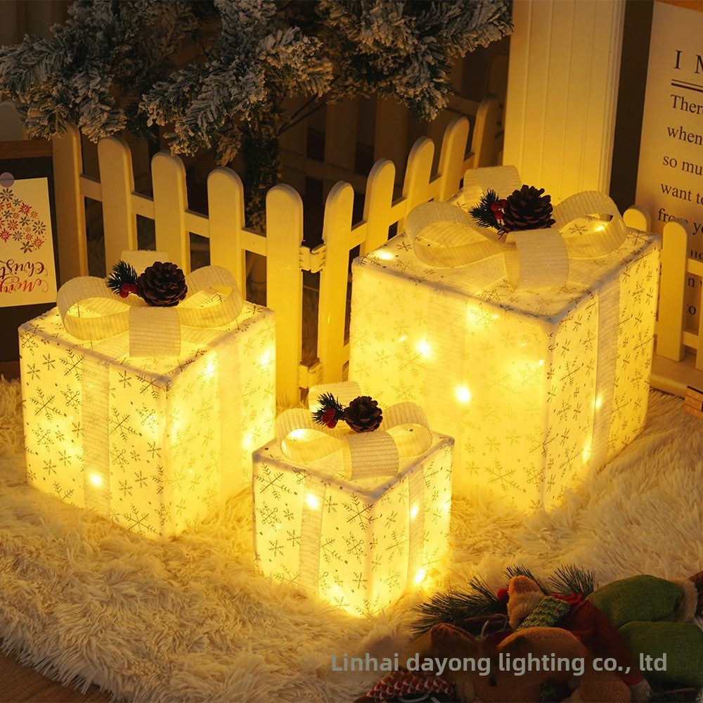 Cross-Border New Christmas Gift Box Three-Piece Set Foldable Glowing LED Light String Props Gift Box Ornament Decoration Light