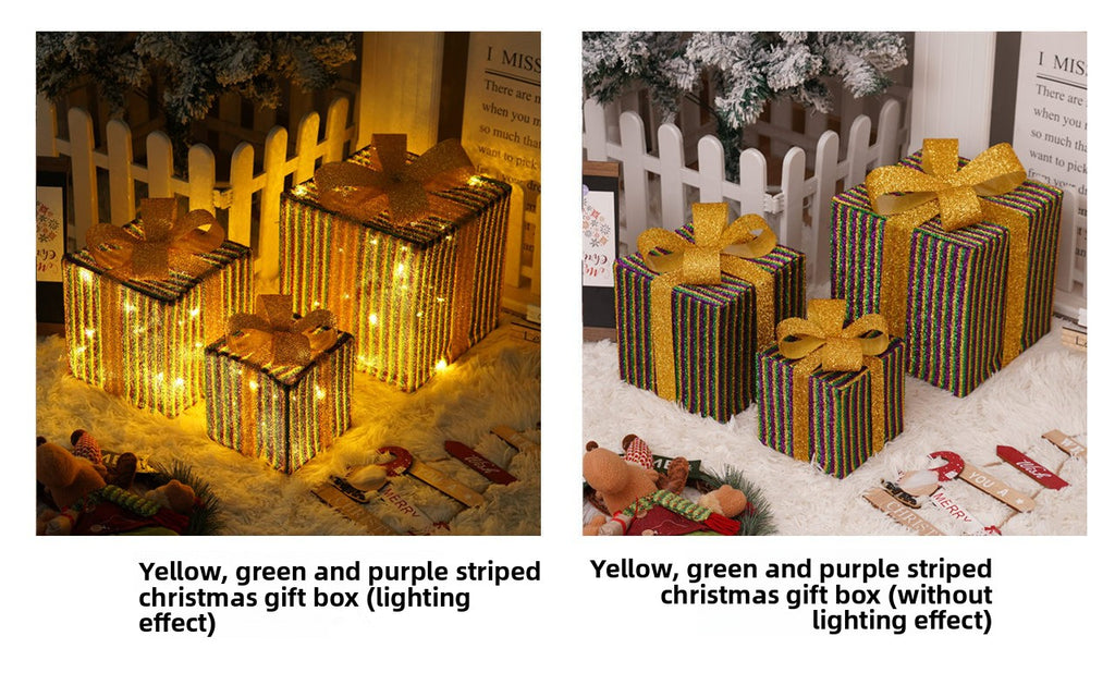 Cross-Border New Christmas Gift Box Three-Piece Set Foldable Glowing LED Light String Props Gift Box Ornament Decoration Light