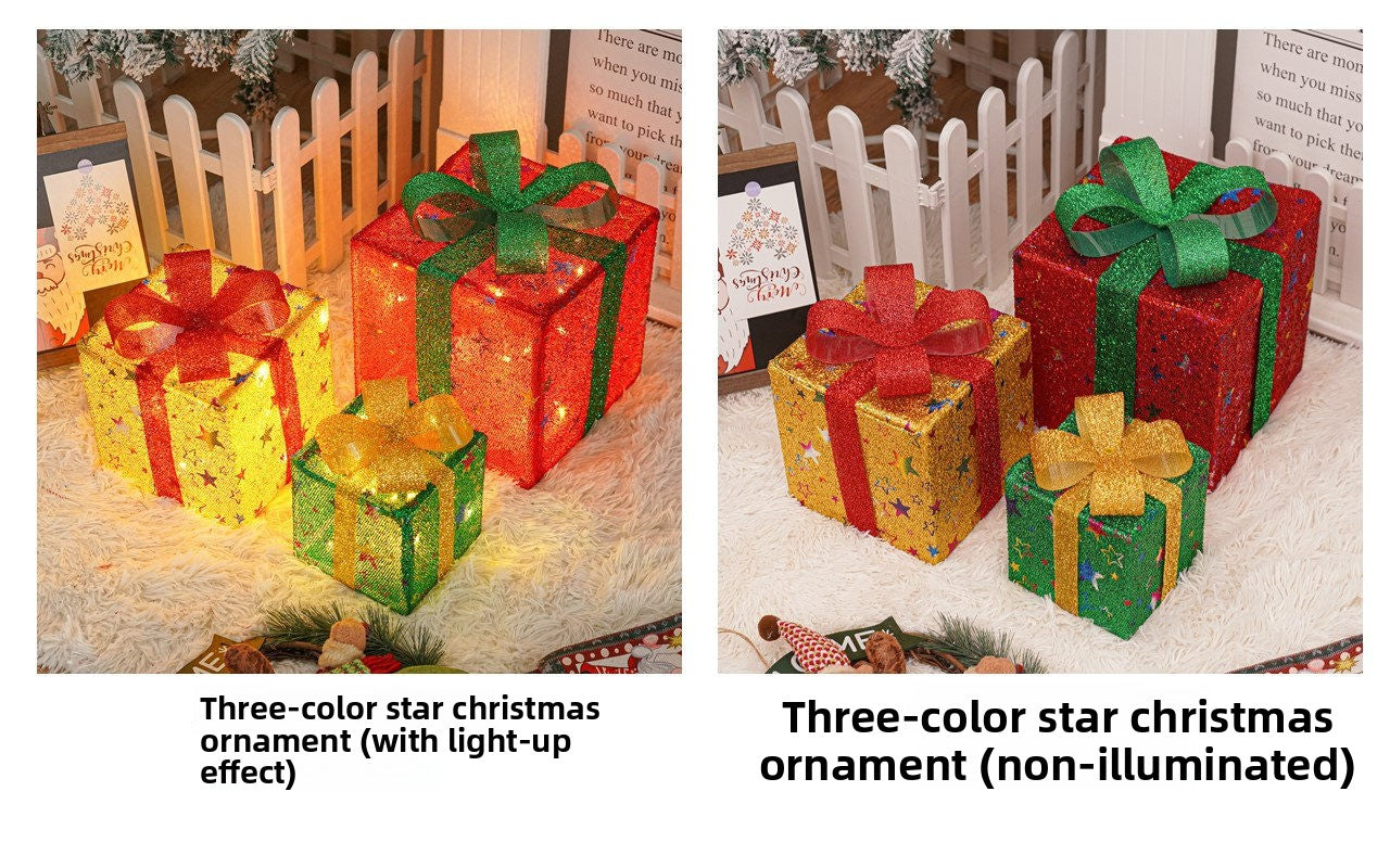 Cross-Border New Christmas Gift Box Three-Piece Set Foldable Glowing LED Light String Props Gift Box Ornament Decoration Light