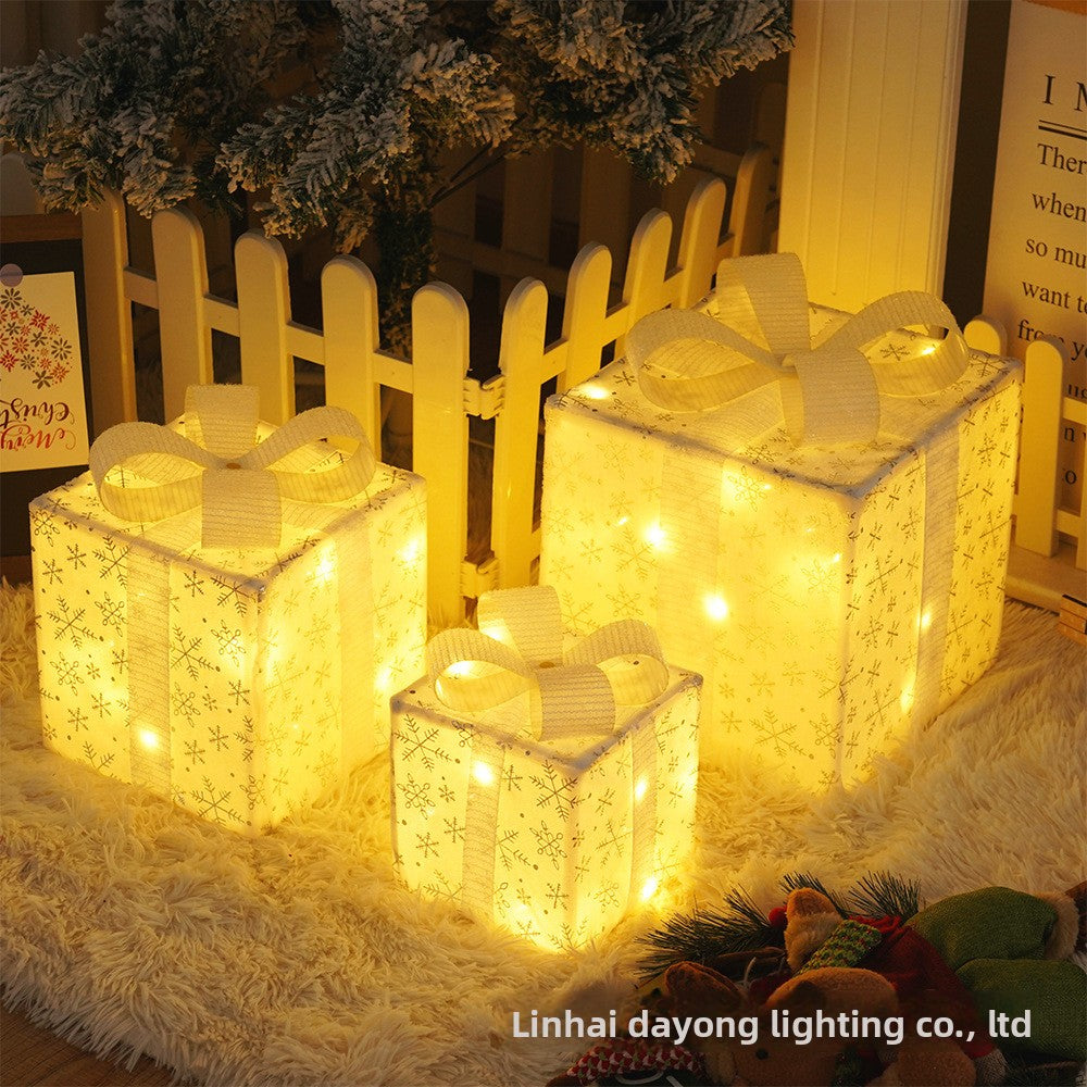 Cross-Border New Christmas Gift Box Three-Piece Set Foldable Glowing LED Light String Props Gift Box Ornament Decoration Light