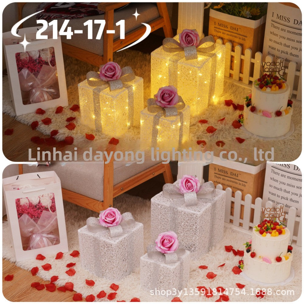 Cross-Border New Christmas Gift Box Three-Piece Set Foldable Glowing LED Light String Props Gift Box Ornament Decoration Light