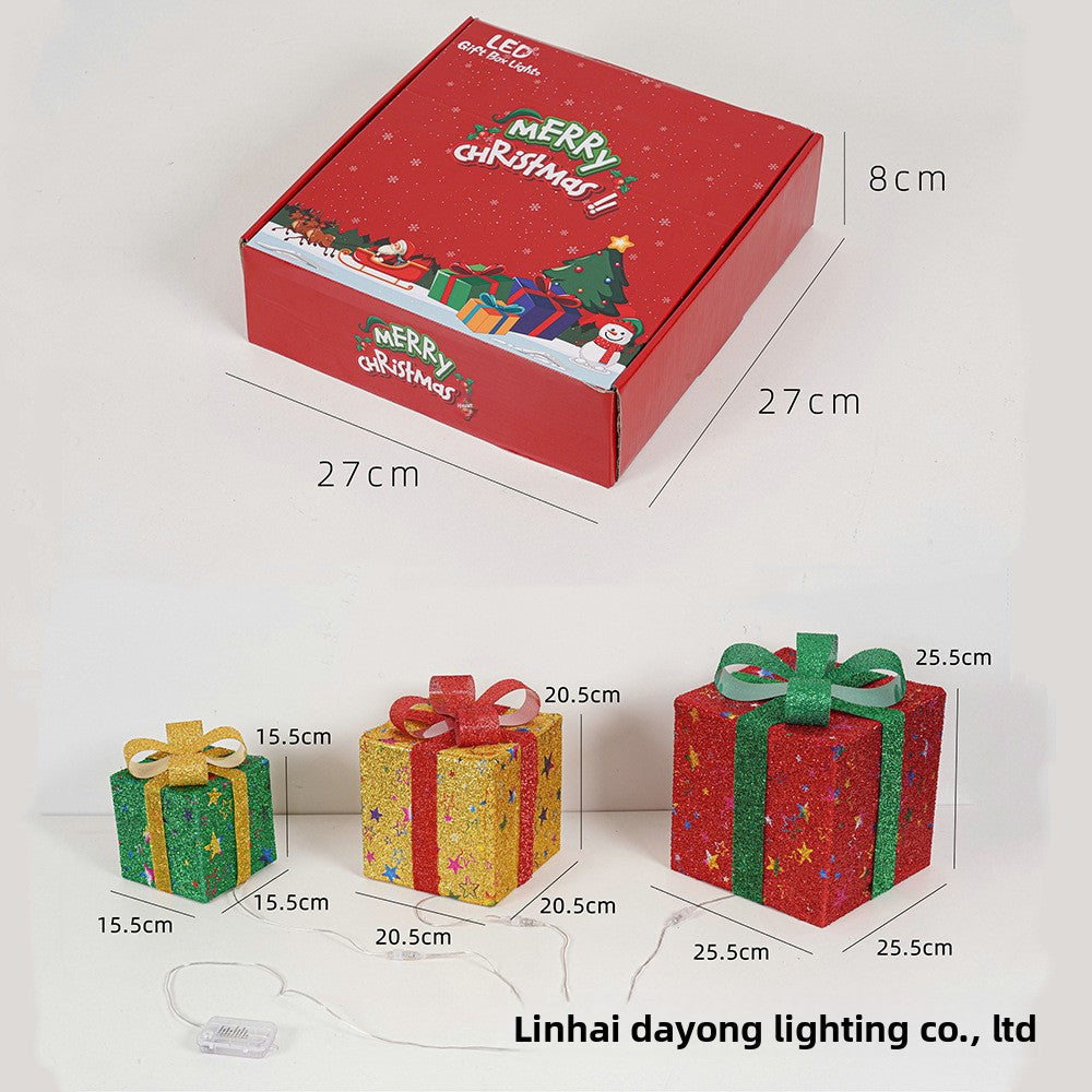 Cross-Border New Christmas Gift Box Three-Piece Set Foldable Glowing LED Light String Props Gift Box Ornament Decoration Light