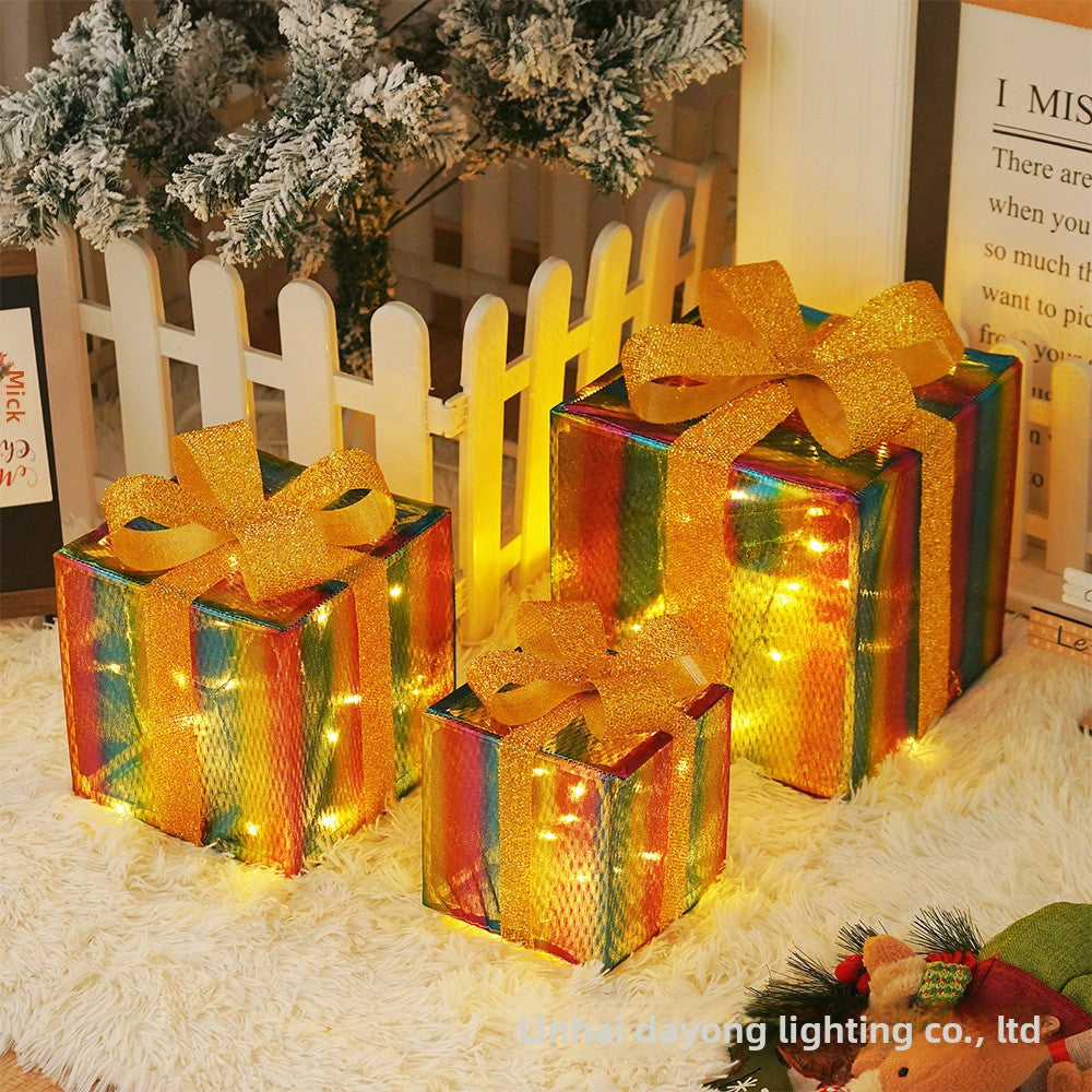 Cross-Border New Christmas Gift Box Three-Piece Set Foldable Glowing LED Light String Props Gift Box Ornament Decoration Light