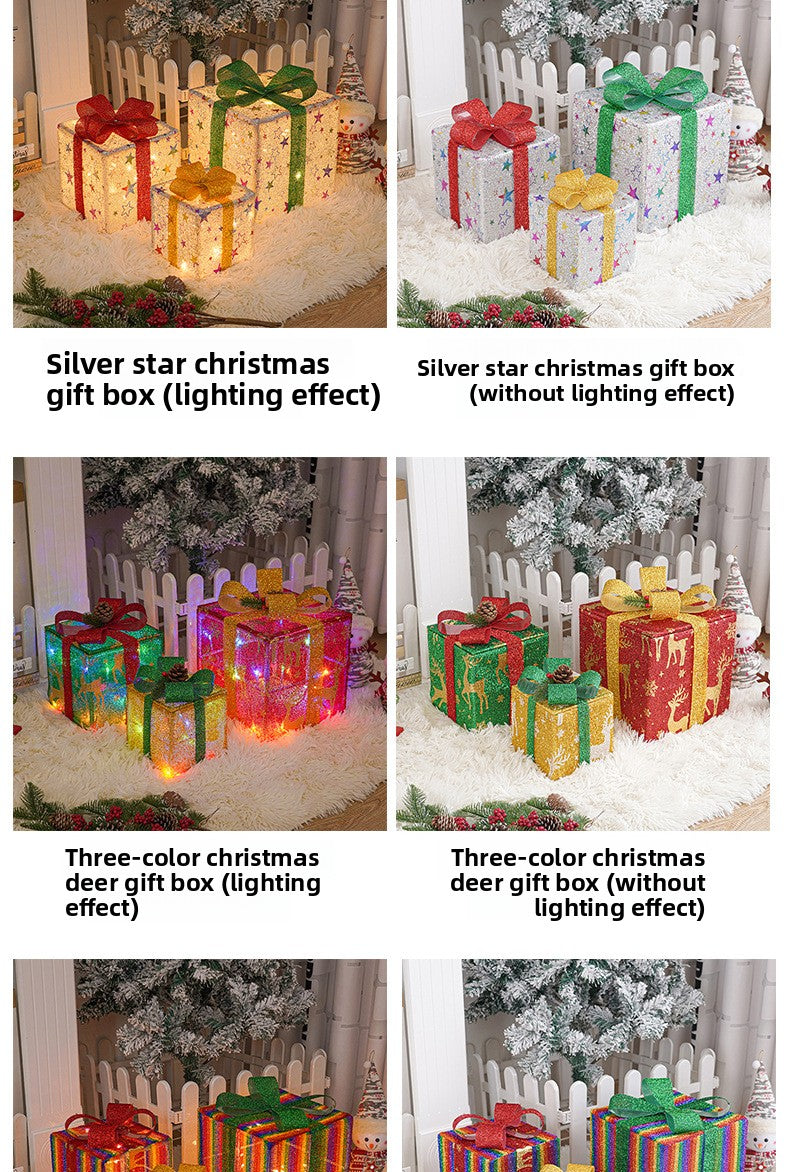 Cross-Border New Christmas Gift Box Three-Piece Set Foldable Glowing LED Light String Props Gift Box Ornament Decoration Light