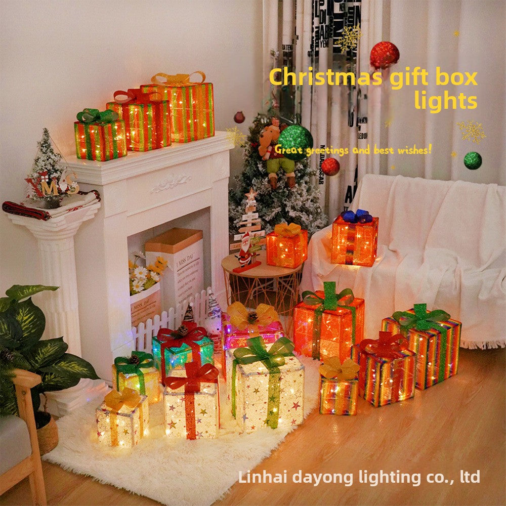 Cross-Border New Christmas Gift Box Three-Piece Set Foldable Glowing LED Light String Props Gift Box Ornament Decoration Light