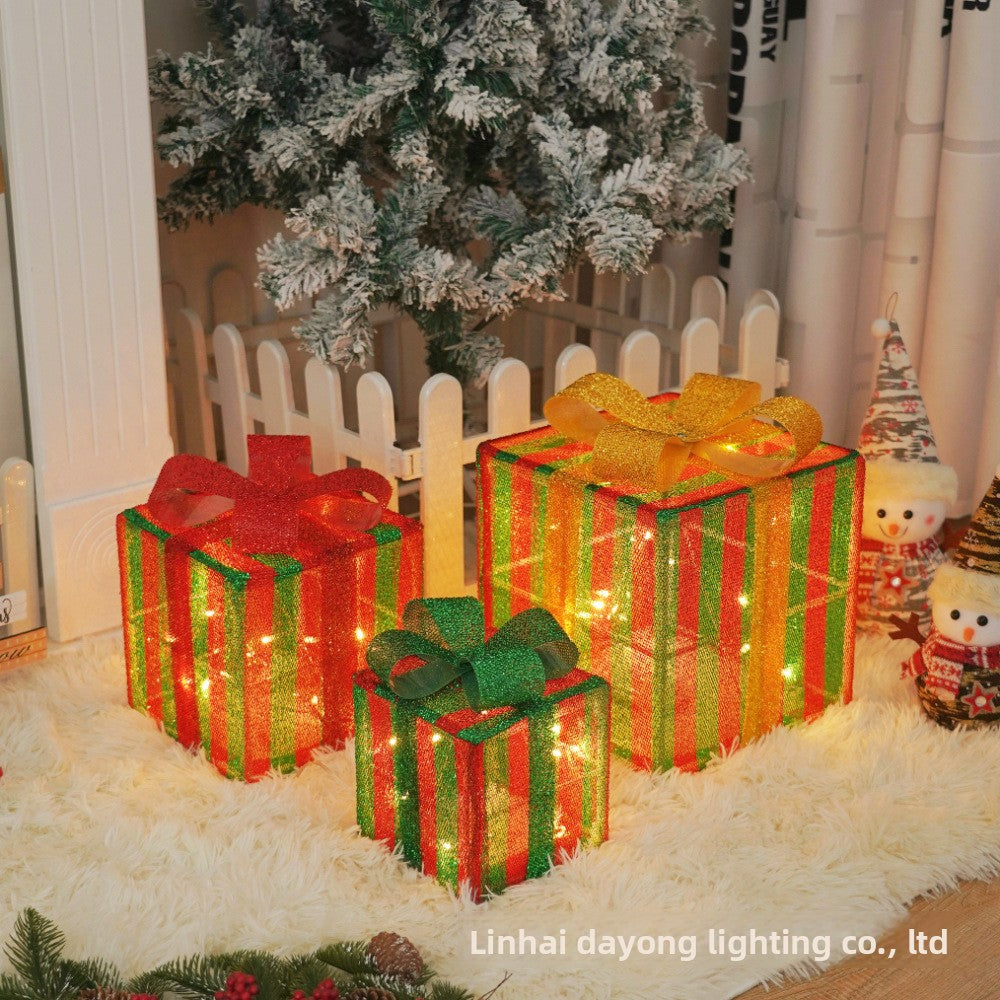 Cross-Border New Christmas Gift Box Three-Piece Set Foldable Glowing LED Light String Props Gift Box Ornament Decoration Light