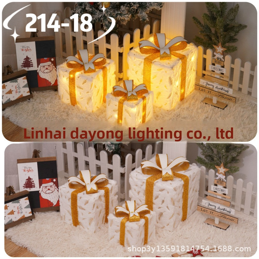 Cross-Border New Christmas Gift Box Three-Piece Set Foldable Glowing LED Light String Props Gift Box Ornament Decoration Light