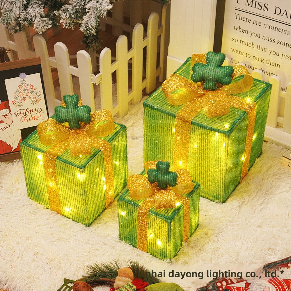Cross-Border New Christmas Gift Box Three-Piece Set Foldable Glowing LED Light String Props Gift Box Ornament Decoration Light