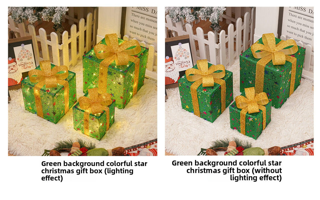Cross-Border New Christmas Gift Box Three-Piece Set Foldable Glowing LED Light String Props Gift Box Ornament Decoration Light