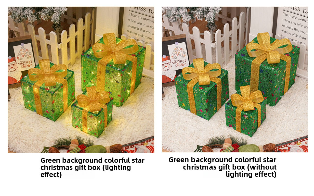 Cross-Border New Christmas Gift Box Three-Piece Set Foldable Glowing LED Light String Props Gift Box Ornament Decoration Light