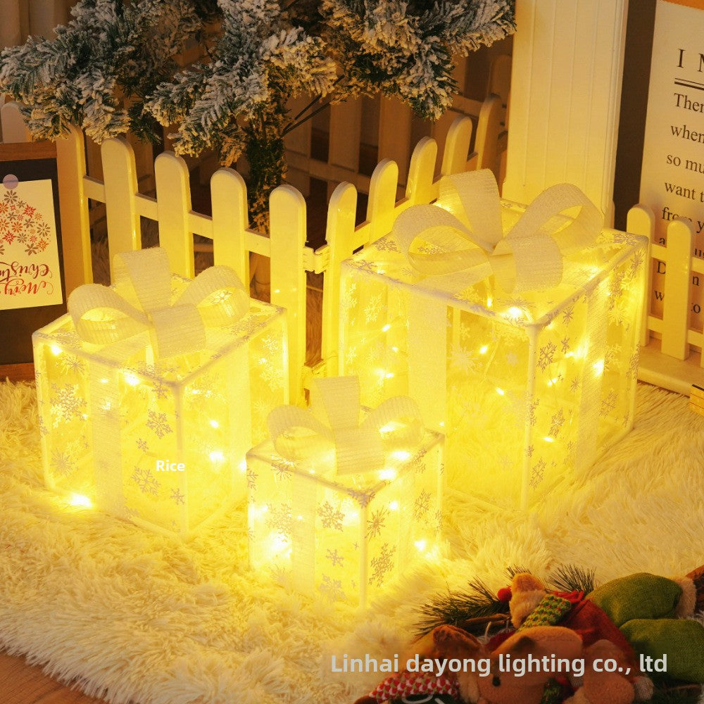 Cross-Border New Christmas Gift Box Three-Piece Set Foldable Glowing LED Light String Props Gift Box Ornament Decoration Light
