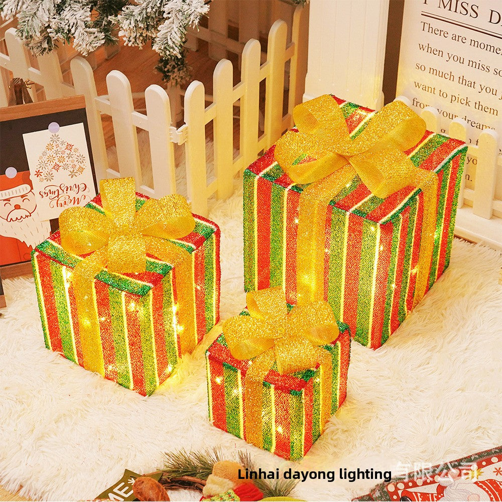 Cross-Border New Christmas Gift Box Three-Piece Set Foldable Glowing LED Light String Props Gift Box Ornament Decoration Light
