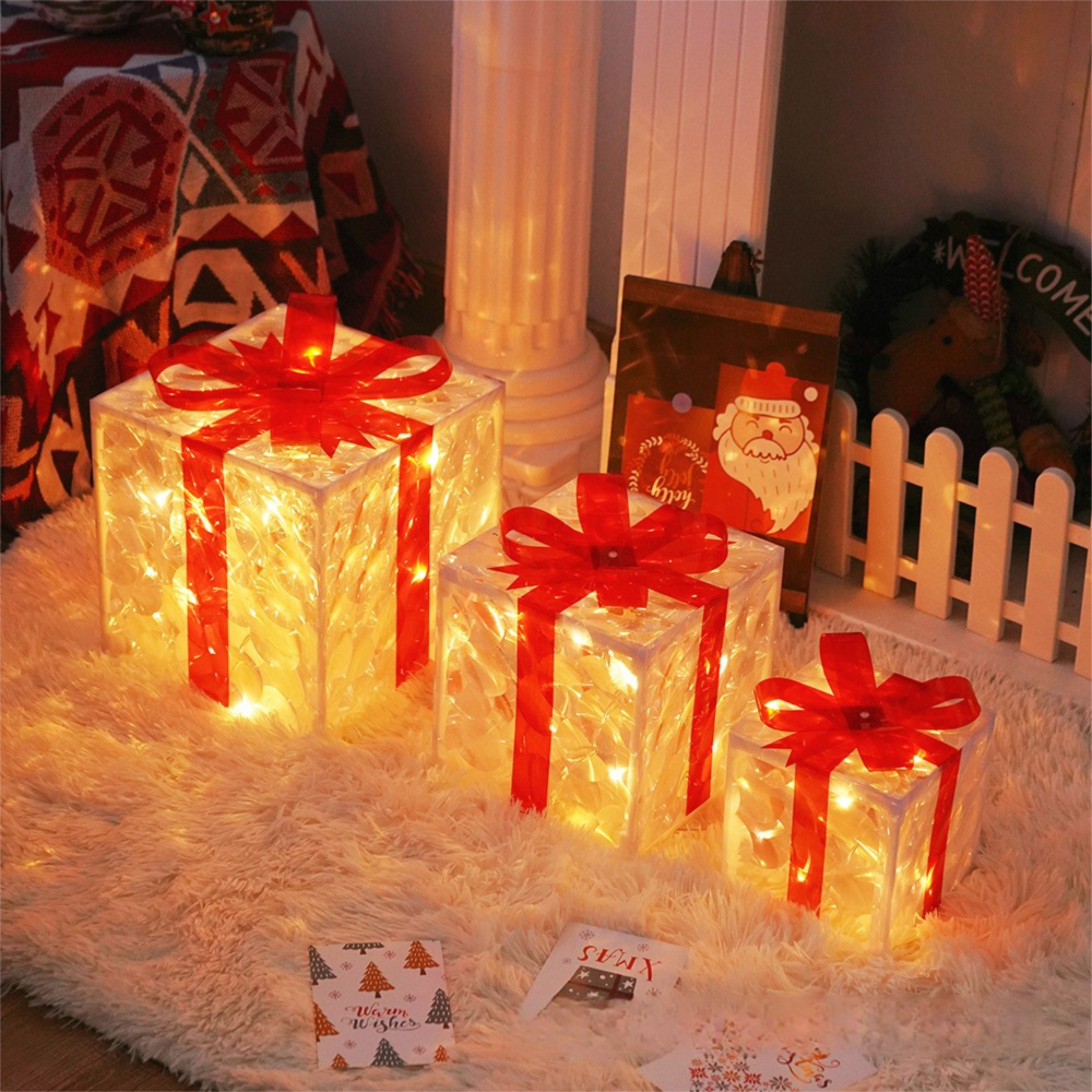 Cross-Border New Christmas Gift Box Three-Piece Set Foldable Glowing LED Light String Props Gift Box Ornament Decoration Light