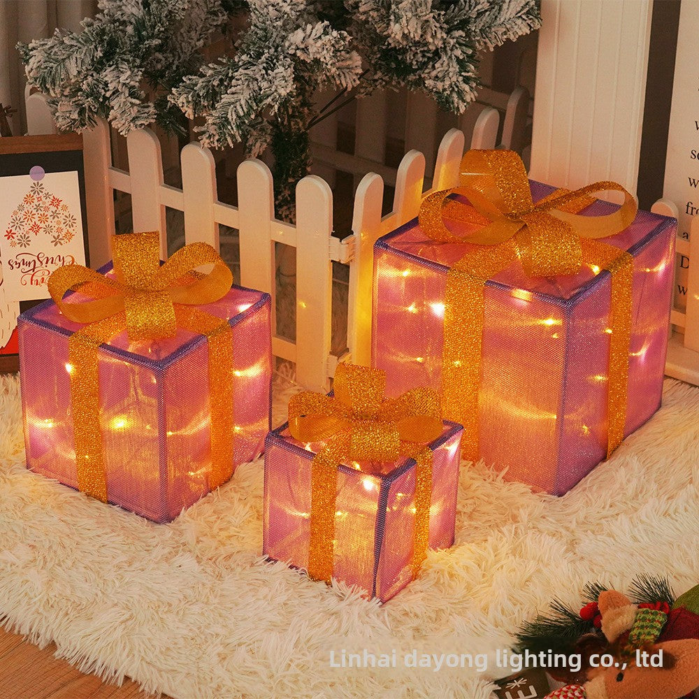 Cross-Border New Christmas Gift Box Three-Piece Set Foldable Glowing LED Light String Props Gift Box Ornament Decoration Light