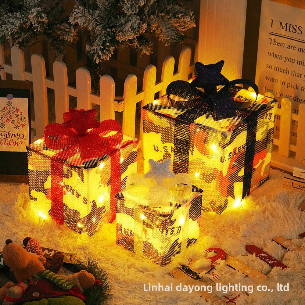 Cross-Border New Christmas Gift Box Three-Piece Set Foldable Glowing LED Light String Props Gift Box Ornament Decoration Light