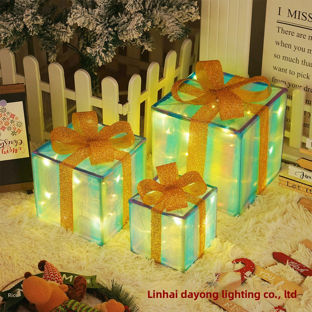 Cross-Border New Christmas Gift Box Three-Piece Set Foldable Glowing LED Light String Props Gift Box Ornament Decoration Light