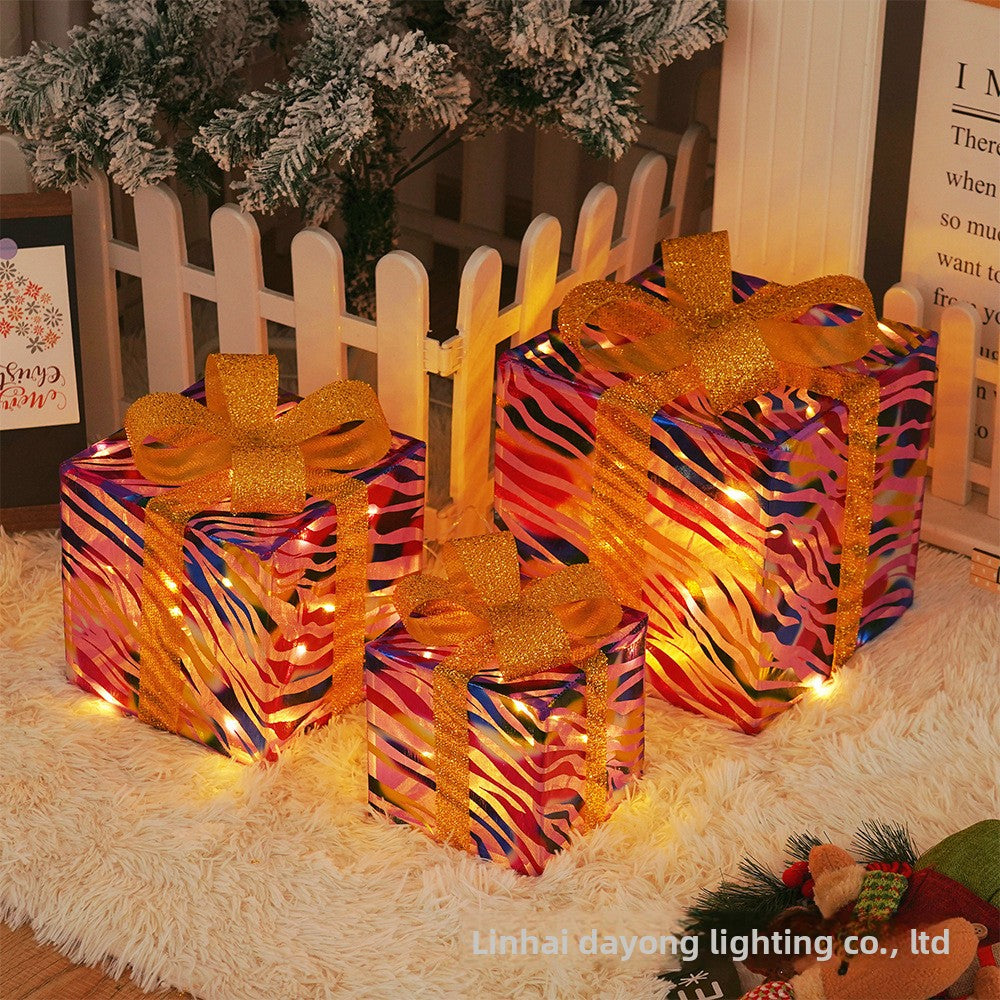 Cross-Border New Christmas Gift Box Three-Piece Set Foldable Glowing LED Light String Props Gift Box Ornament Decoration Light