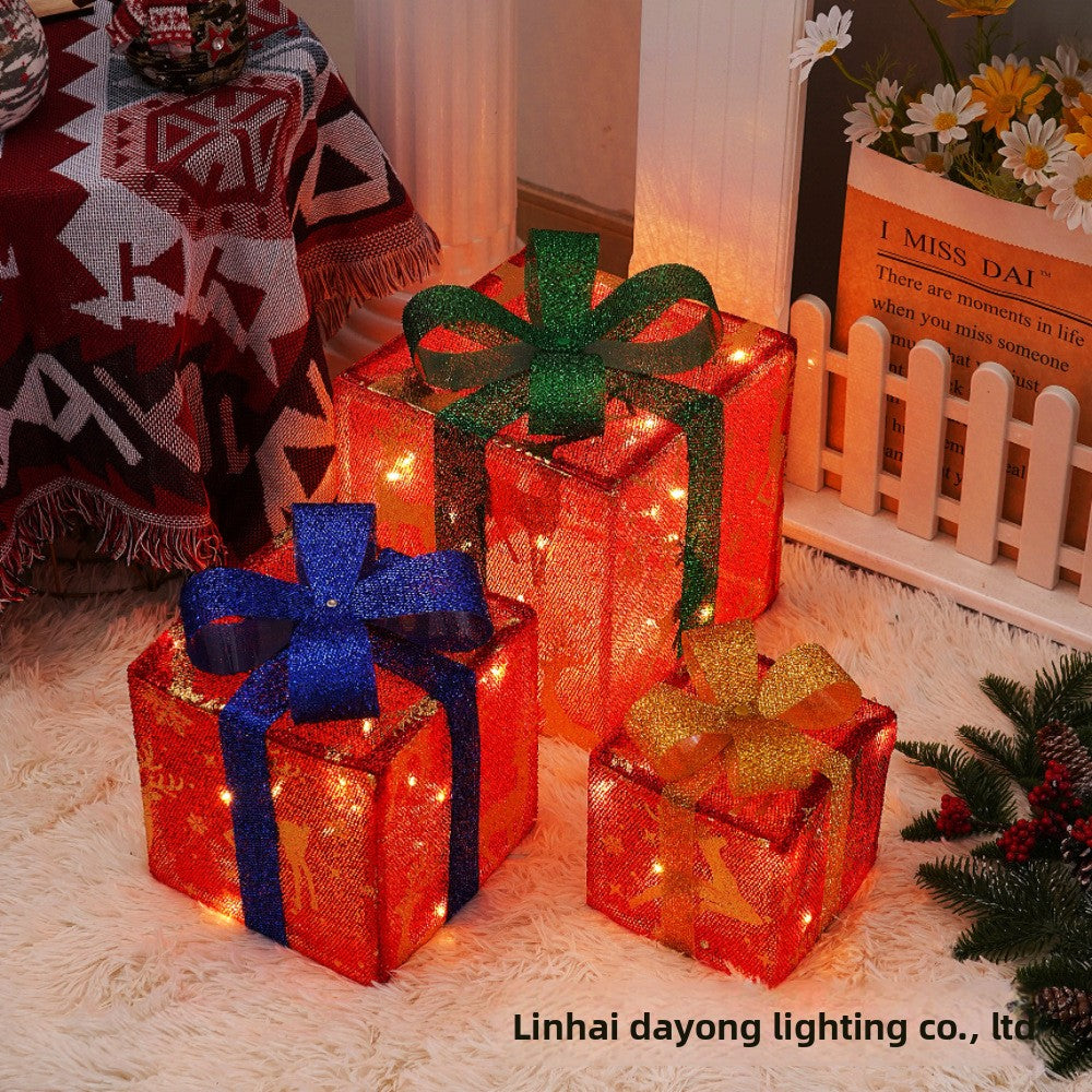 Cross-Border New Christmas Gift Box Three-Piece Set Foldable Glowing LED Light String Props Gift Box Ornament Decoration Light