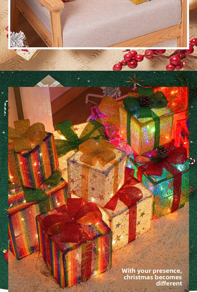 Cross-Border New Christmas Gift Box Three-Piece Set Foldable Glowing LED Light String Props Gift Box Ornament Decoration Light