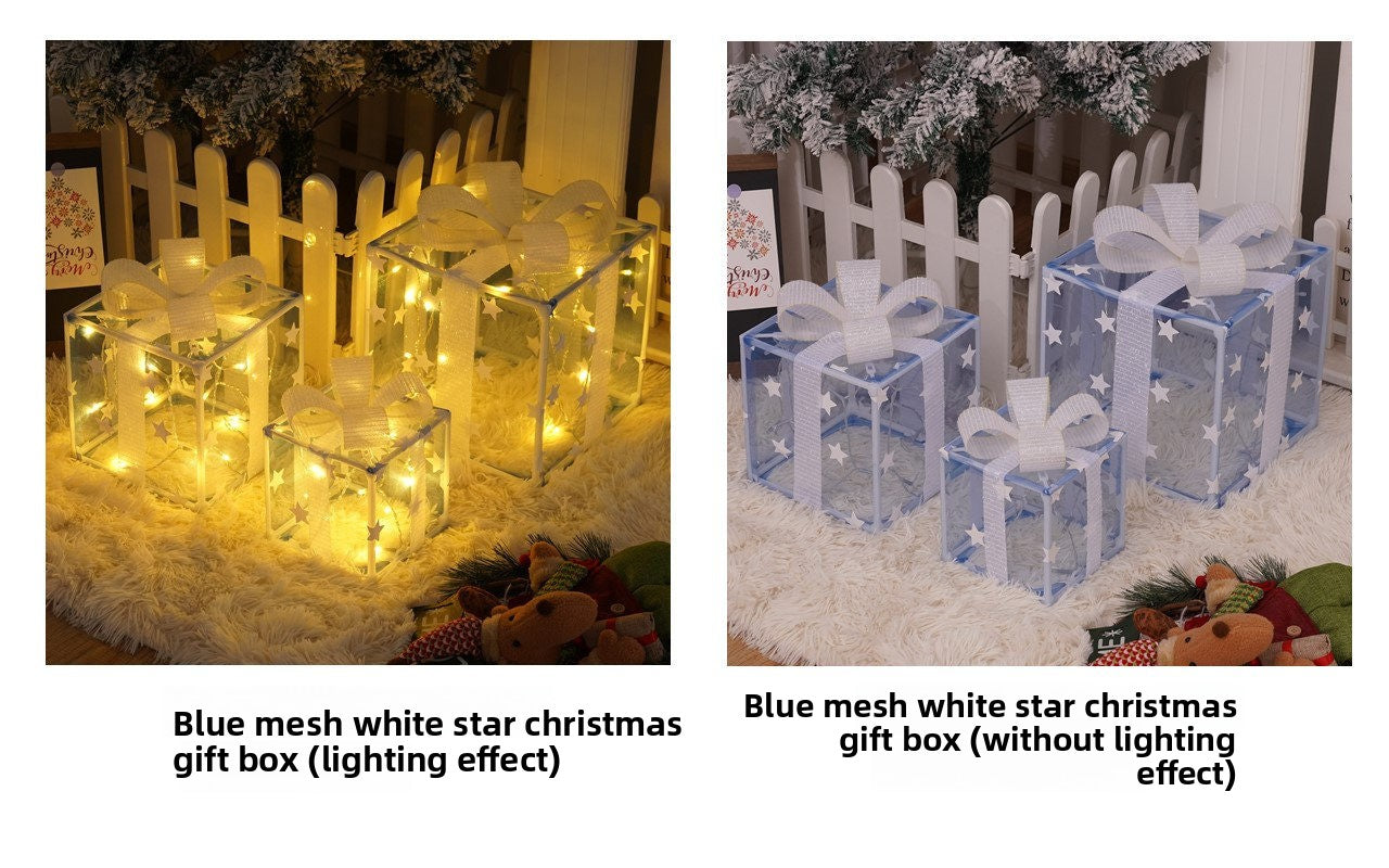 Cross-Border New Christmas Gift Box Three-Piece Set Foldable Glowing LED Light String Props Gift Box Ornament Decoration Light