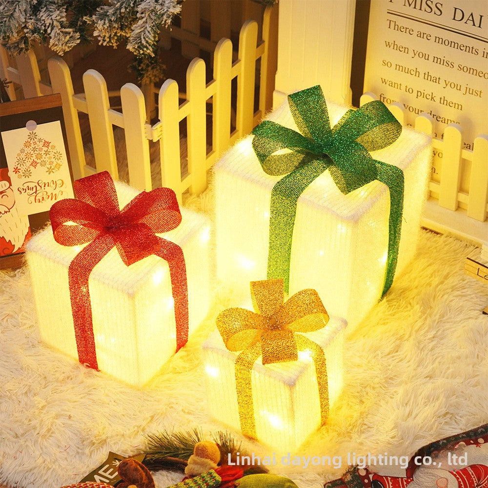 Cross-Border New Christmas Gift Box Three-Piece Set Foldable Glowing LED Light String Props Gift Box Ornament Decoration Light