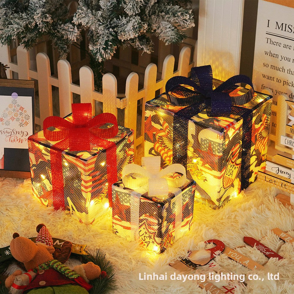 Cross-Border New Christmas Gift Box Three-Piece Set Foldable Glowing LED Light String Props Gift Box Ornament Decoration Light