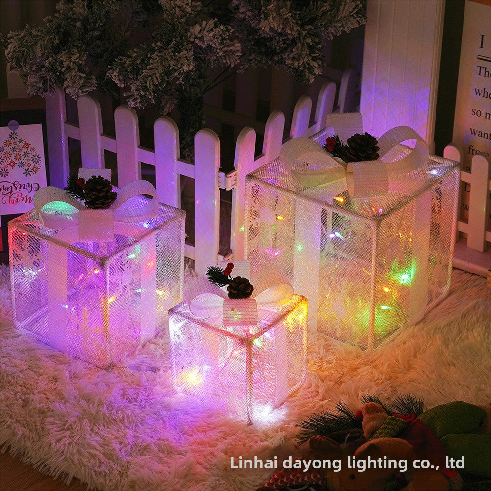 Cross-Border New Christmas Gift Box Three-Piece Set Foldable Glowing LED Light String Props Gift Box Ornament Decoration Light