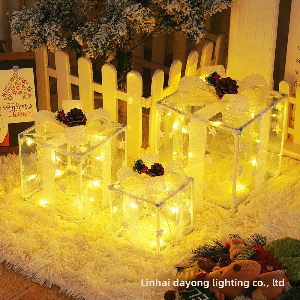 Cross-Border New Christmas Gift Box Three-Piece Set Foldable Glowing LED Light String Props Gift Box Ornament Decoration Light