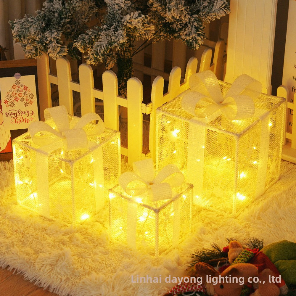 Cross-Border New Christmas Gift Box Three-Piece Set Foldable Glowing LED Light String Props Gift Box Ornament Decoration Light