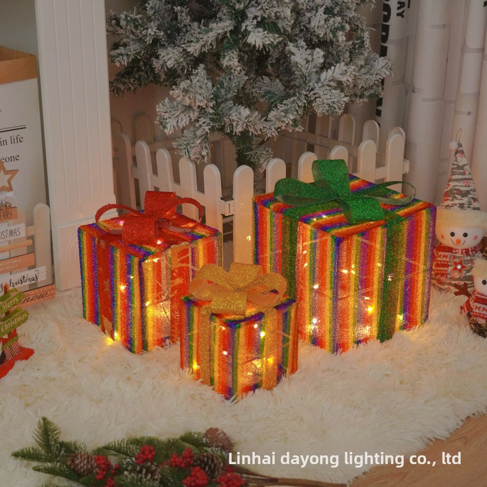 Cross-Border New Christmas Gift Box Three-Piece Set Foldable Glowing LED Light String Props Gift Box Ornament Decoration Light