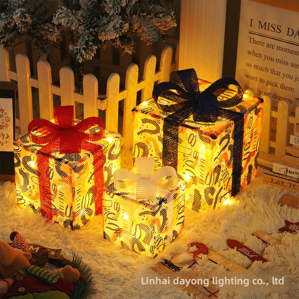 Cross-Border New Christmas Gift Box Three-Piece Set Foldable Glowing LED Light String Props Gift Box Ornament Decoration Light
